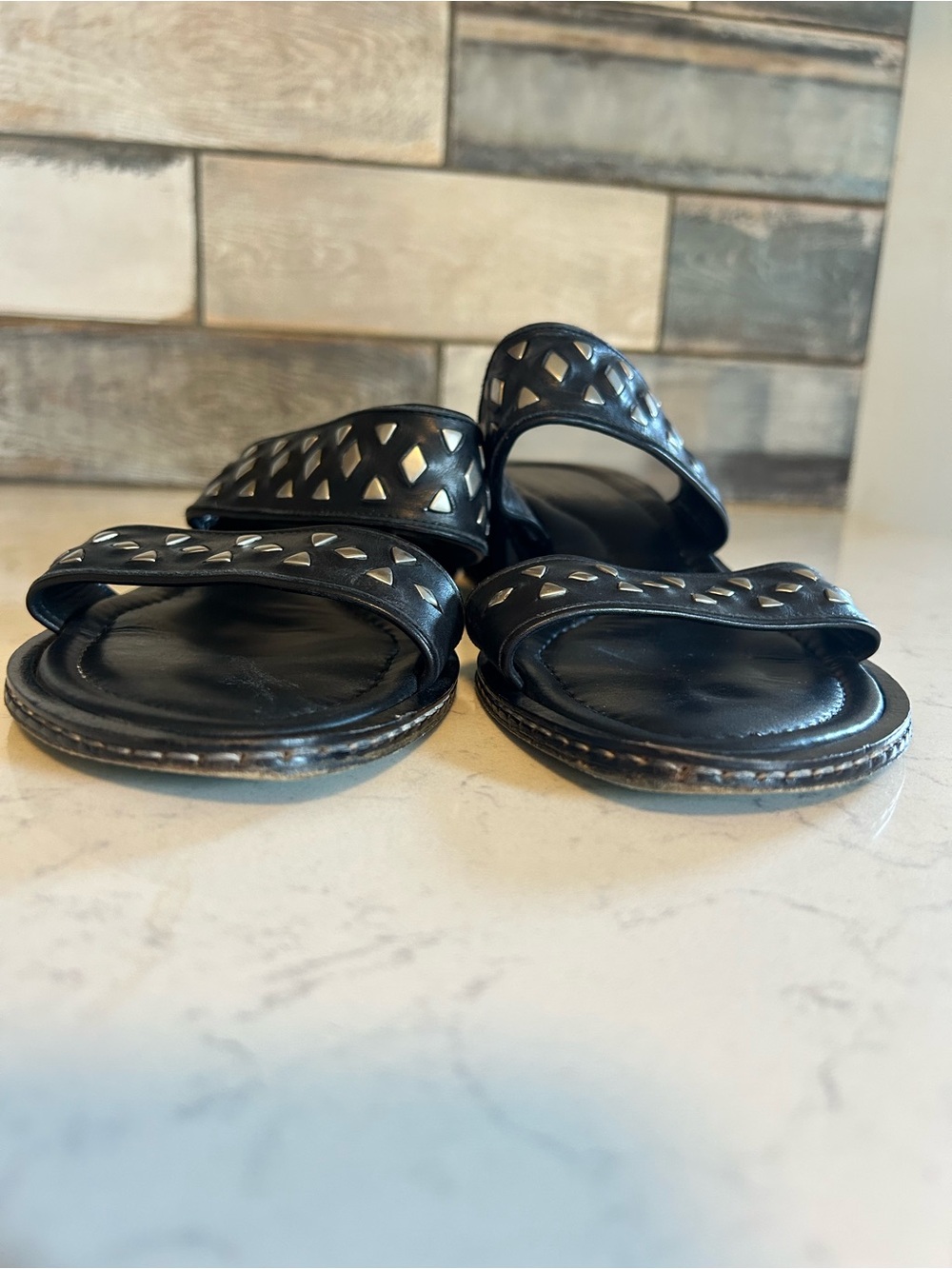 Donald J. Pliner Black Italian Leather Studded Double Strap Low Heel Sandals - Picture 10 of 16